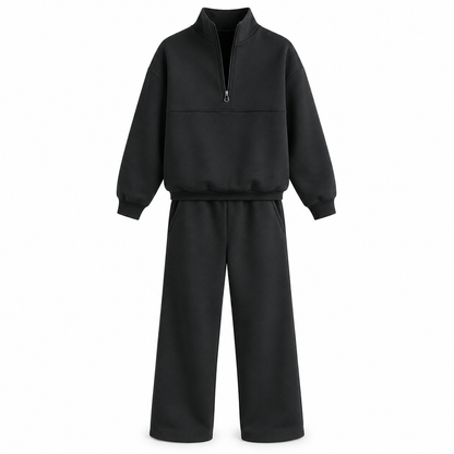 Ensemble pantalon deux pièces décontracté, couleur unie, haut à col rabattu zippé et pantalon long tenue pour l'automne et l'hiver