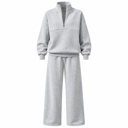 Ensemble pantalon deux pièces décontracté, couleur unie, haut à col rabattu zippé et pantalon long tenue pour l'automne et l'hiver