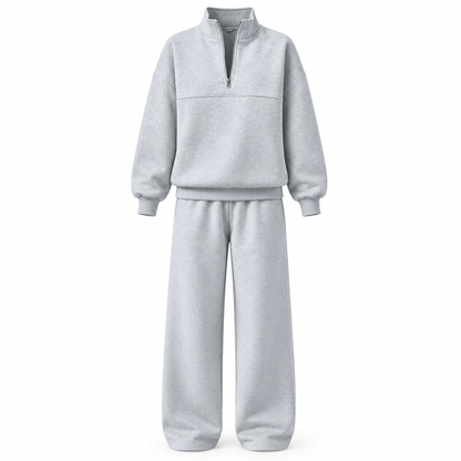 Ensemble pantalon deux pièces décontracté, couleur unie, haut à col rabattu zippé et pantalon long tenue pour l'automne et l'hiver