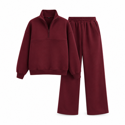 Ensemble pantalon deux pièces décontracté, couleur unie, haut à col rabattu zippé et pantalon long tenue pour l'automne et l'hiver