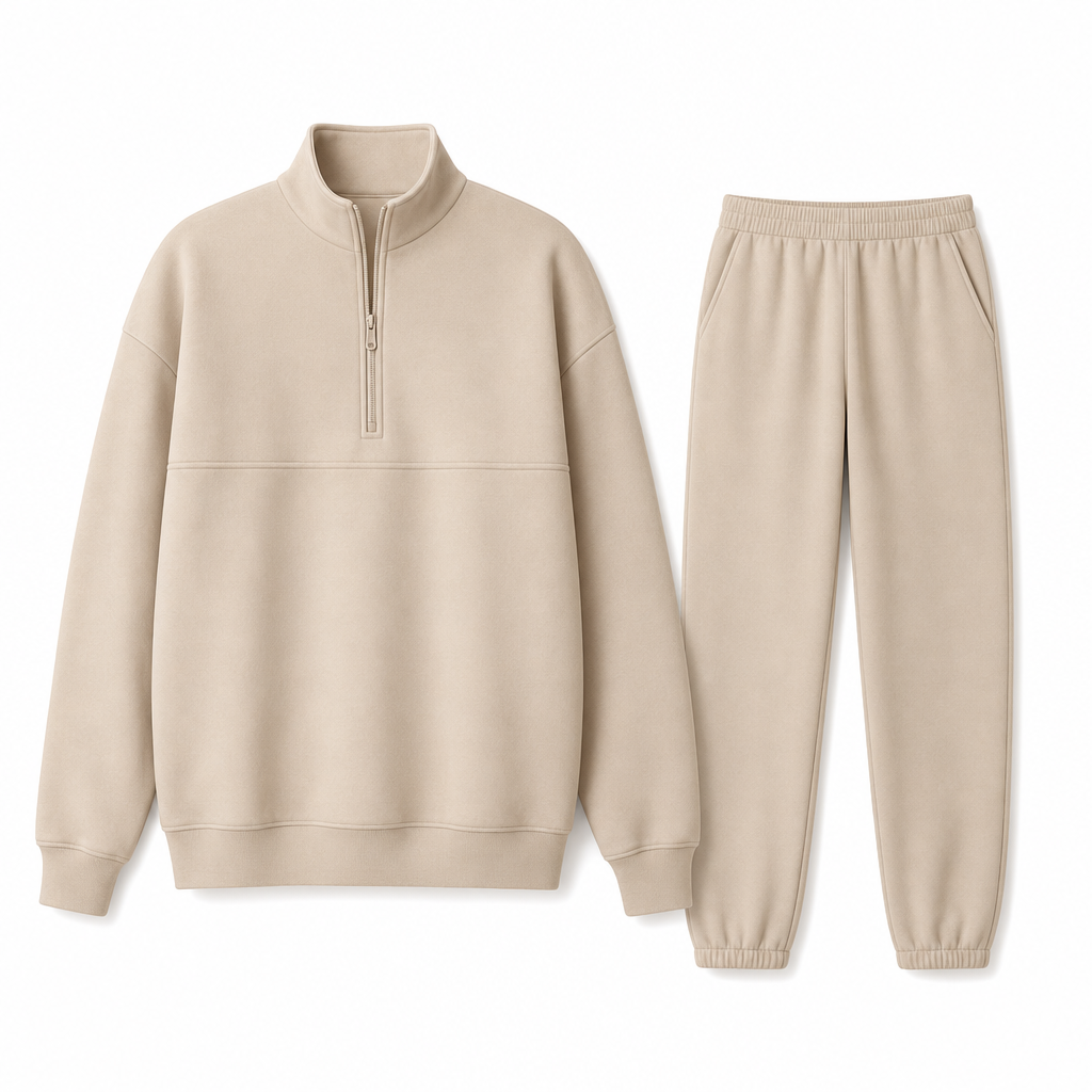 Ensemble pantalon deux pièces décontracté, couleur unie, haut à col rabattu zippé et pantalon long tenue pour l'automne et l'hiver