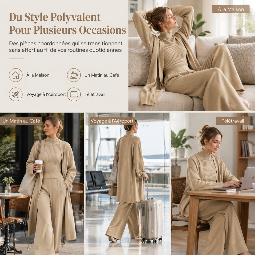 Ensemble en tricot 3 pièces décontracté pour femme pour automne et hiver : gilet sans manches, cardigan, pull et pantalon