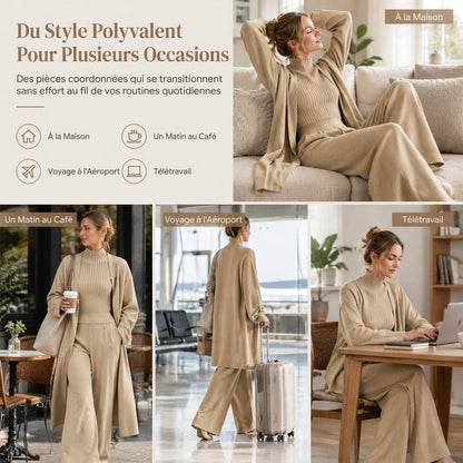 Ensemble en tricot 3 pièces décontracté pour femme pour automne et hiver : gilet sans manches, cardigan, pull et pantalon
