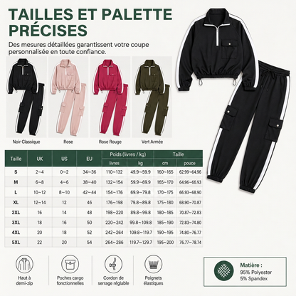 Ensemble décontracté 2 pièces pour femme : sweat à capuche zippé à manches longues et pantalon cargo jogger avec poches