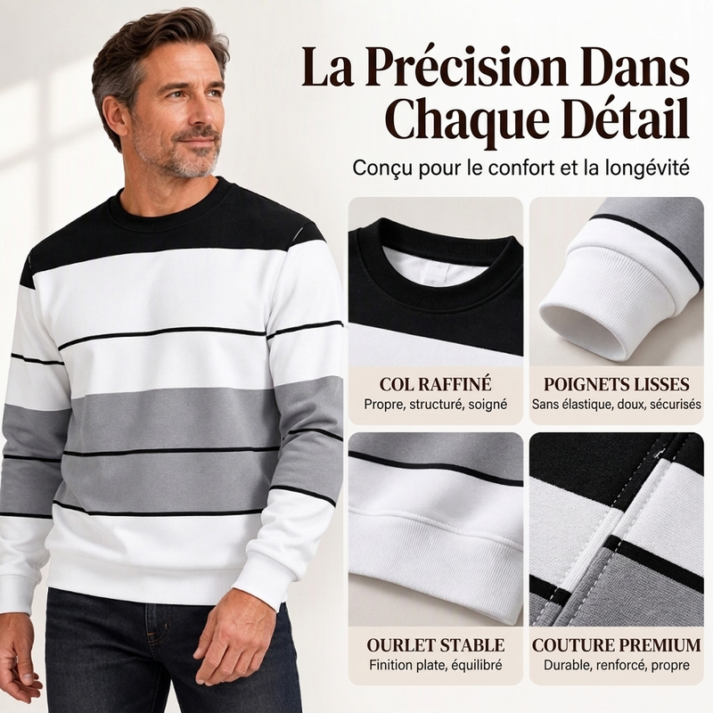 💎 Offre exclusive 🧶 Sweat-shirt décontracté rayé à col rond pour homme, au tissu doux ✨