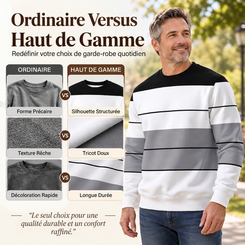 💎 Offre exclusive 🧶 Sweat-shirt décontracté rayé à col rond pour homme, au tissu doux ✨