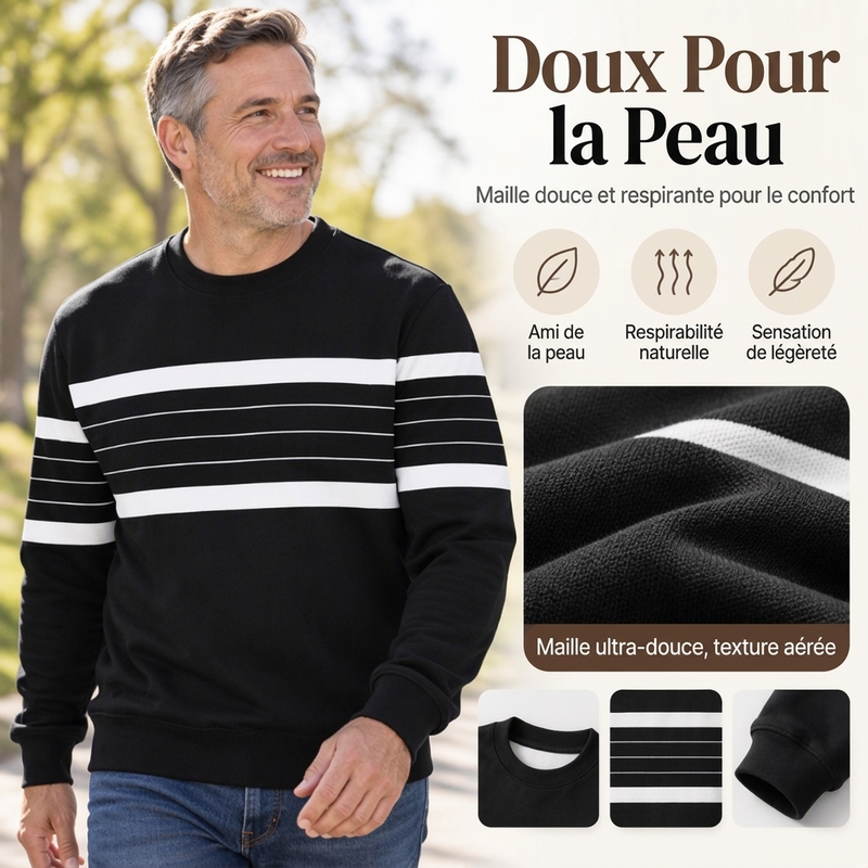 💎 Offre exclusive 🧶 Sweat-shirt décontracté rayé à col rond pour homme, au tissu doux ✨