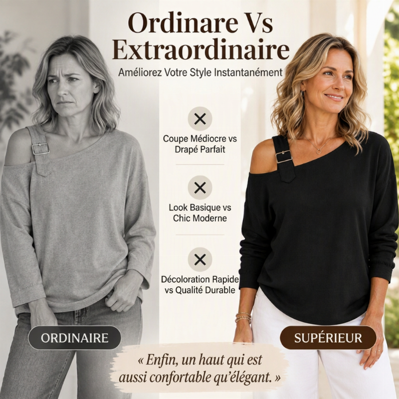 🤍 Haut féminin à épaules dénudées, manches longues et coupe asymétrique ✨