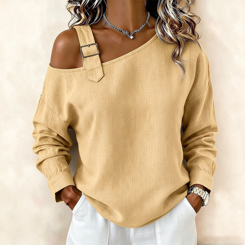 🤍 Haut féminin à épaules dénudées, manches longues et coupe asymétrique ✨