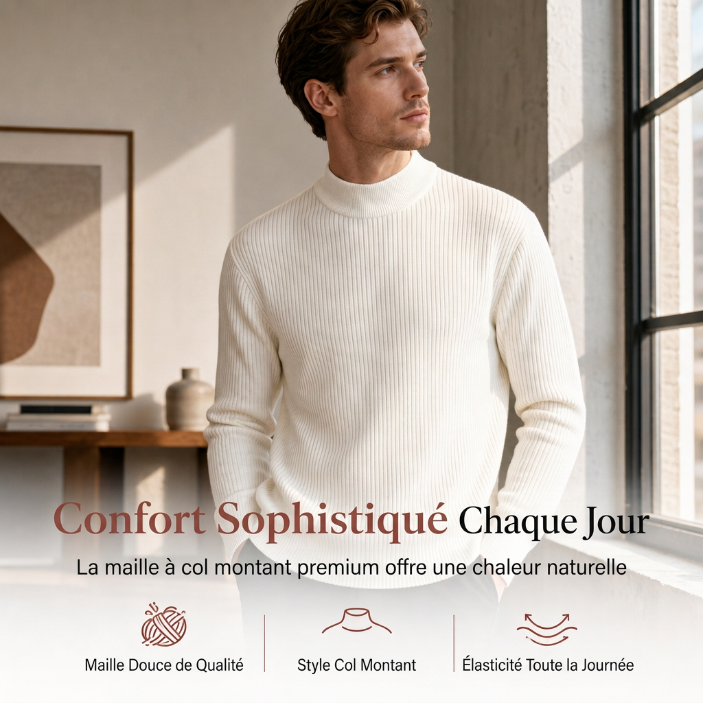 Pull en maille unicolore pour homme à col roulé simulé