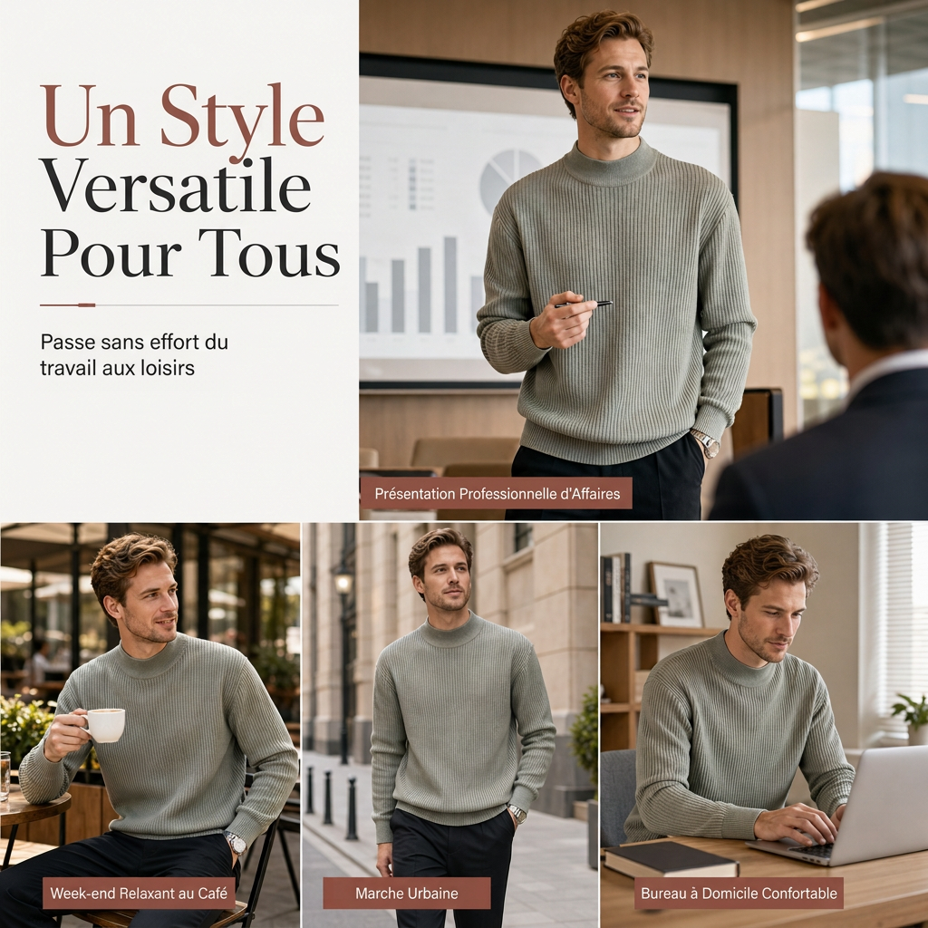 Pull en maille unicolore pour homme à col roulé simulé