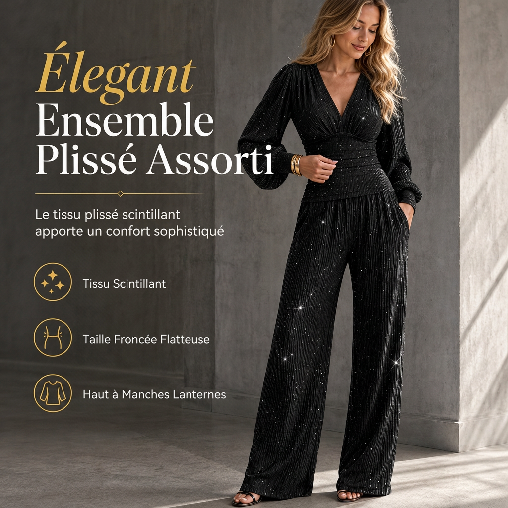 🍂Envie d’un ensemble 2 pièces femme pour l’automne-hiver ? Haut plissé col V, manches bouffantes et pantalon large à poches ✨🍂