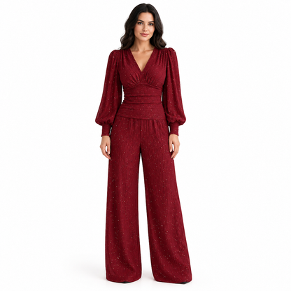 🍂Envie d’un ensemble 2 pièces femme pour l’automne-hiver ? Haut plissé col V, manches bouffantes et pantalon large à poches ✨🍂