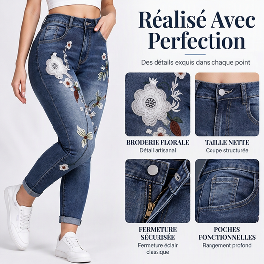 ✨ Ce jeans skinny pour femme, extensible et orné de broderies florales, mise sur une allure facile à porter 👖