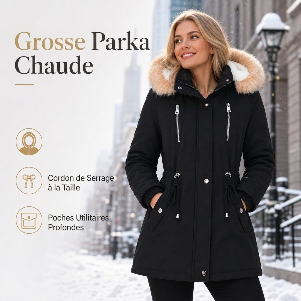 ✨ Ce manteau parka d’hiver pour femme avec capuche en fausse fourrure mise sur une taille réglable et une allure facile à porter ❄️