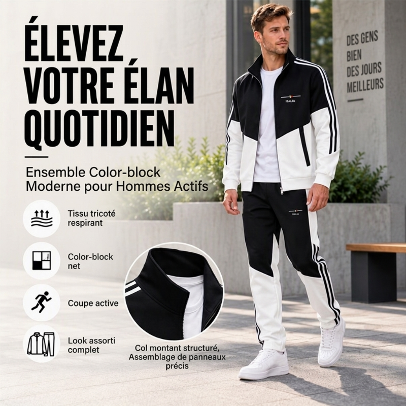 📢📢50 % DE RÉDUCTION !! ⏰& Livraison gratuite✈️Ensemble Veste Zippée à Bloc de Couleurs et Pantalon à Cordon de Serrage pour Homme