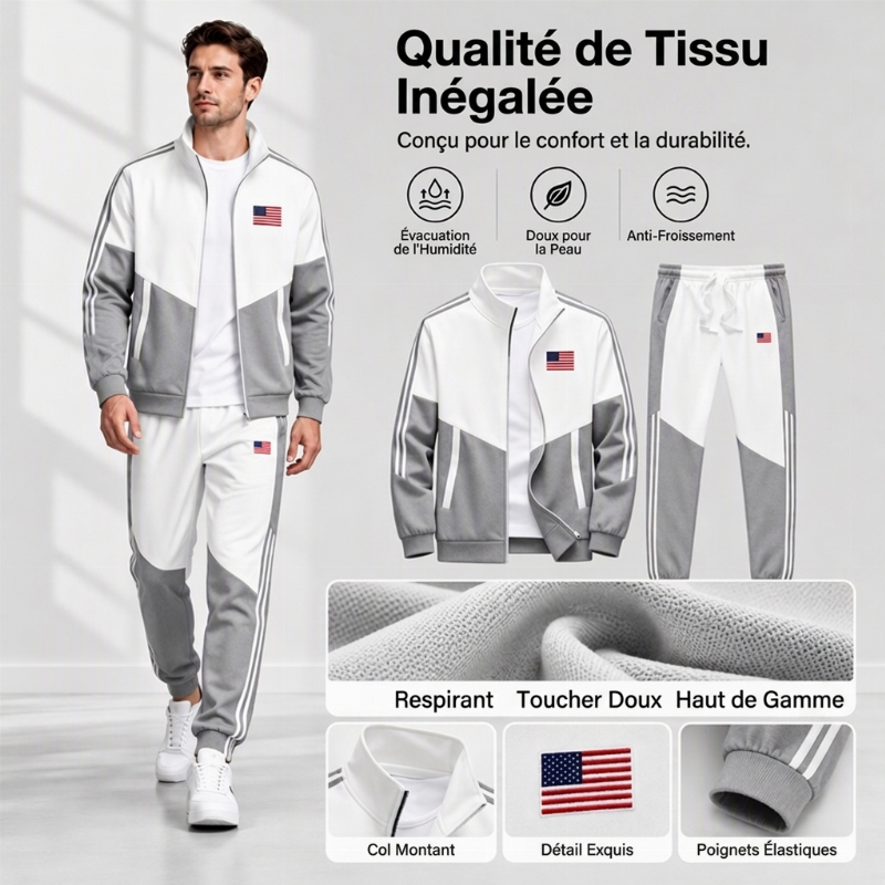 📢📢50 % DE RÉDUCTION !! ⏰& Livraison gratuite✈️Ensemble Veste Zippée à Bloc de Couleurs et Pantalon à Cordon de Serrage pour Homme