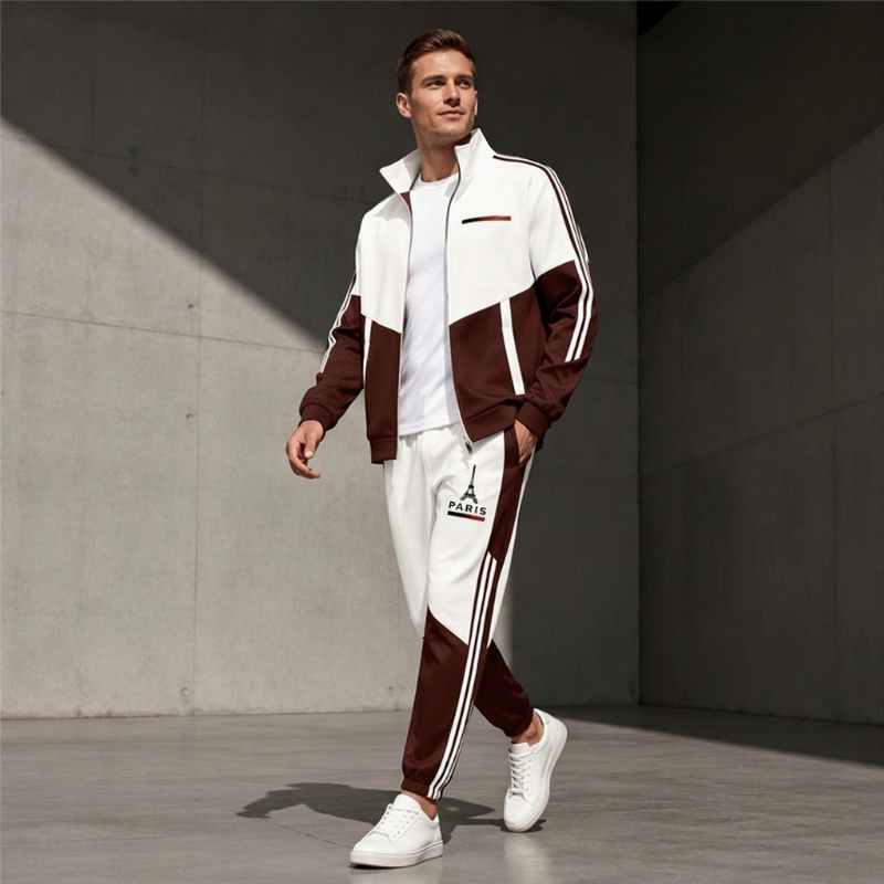 📢📢50 % DE RÉDUCTION !! ⏰& Livraison gratuite✈️Ensemble Veste Zippée à Bloc de Couleurs et Pantalon à Cordon de Serrage pour Homme