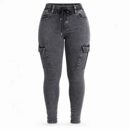 Jegging cargo taille haute élastique à cordon de serrage pour femme, pantalon en jean moulant
