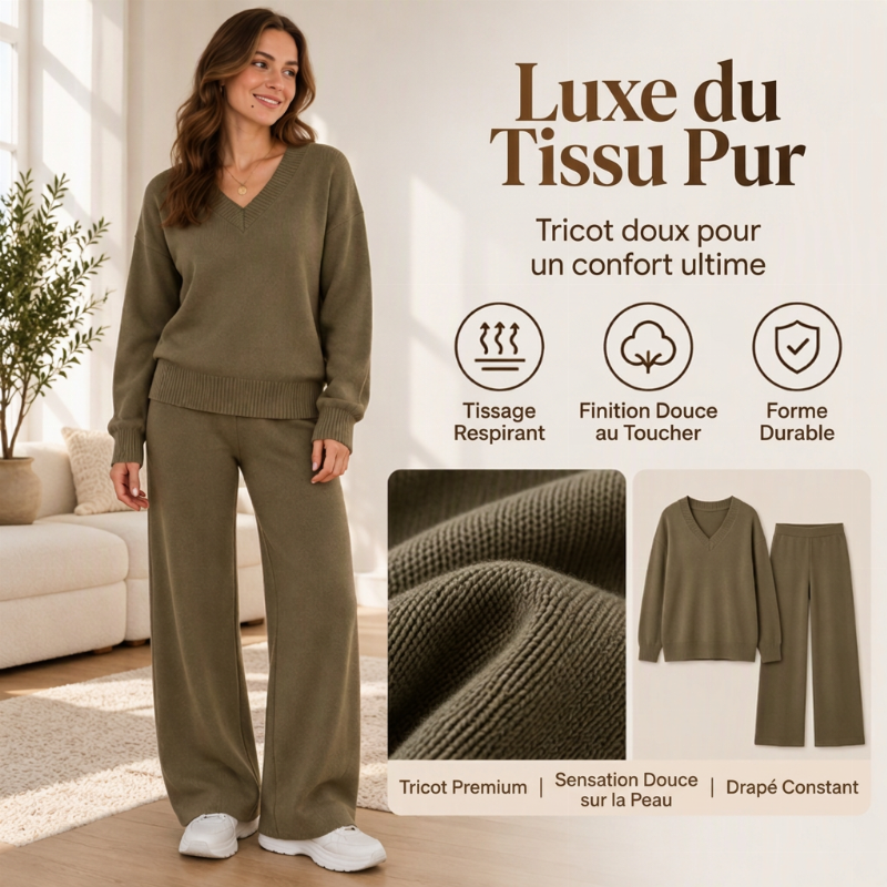 ✨ Ensemble 2 pièces pour femme : pull en maille col V et pantalon large, facile à porter au quotidien 🧶