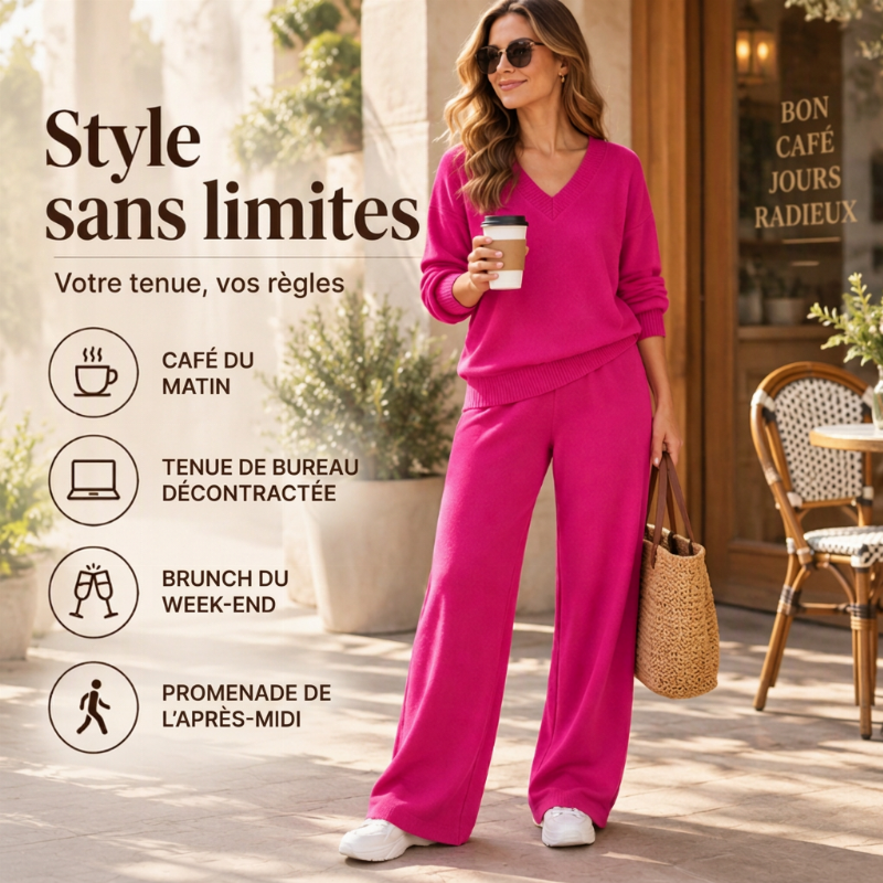 ✨ Ensemble 2 pièces pour femme : pull en maille col V et pantalon large, facile à porter au quotidien 🧶