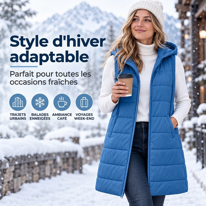 ✨ Gilet matelassé mi-long à capuche pour femme : facile à porter au quotidien 🧥