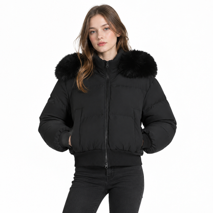 ✨ Chaud et tendance | Manteau matelassé court à capuche pour femme avec fausse fourrure 🧥