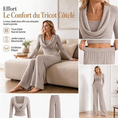 🧶 Élégant et confortable | Ensemble 2 pièces tricoté femme haut cintré et pantalon large taille haute