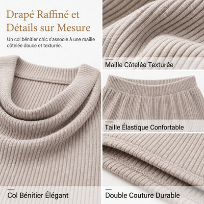 🧶 Élégant et confortable | Ensemble 2 pièces tricoté femme haut cintré et pantalon large taille haute