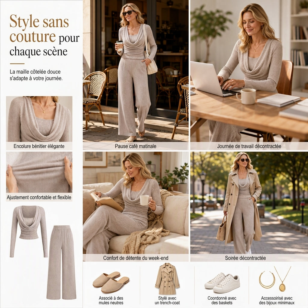🧶 Élégant et confortable | Ensemble 2 pièces tricoté femme haut cintré et pantalon large taille haute