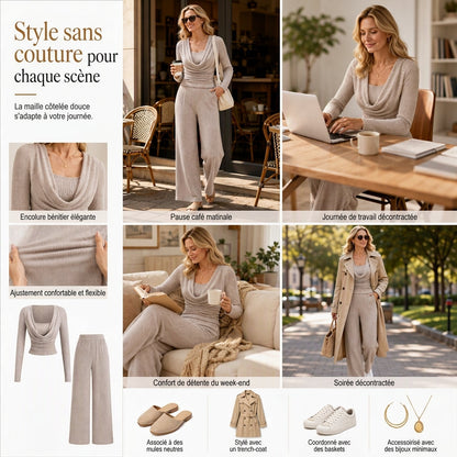 🧶 Élégant et confortable | Ensemble 2 pièces tricoté femme haut cintré et pantalon large taille haute