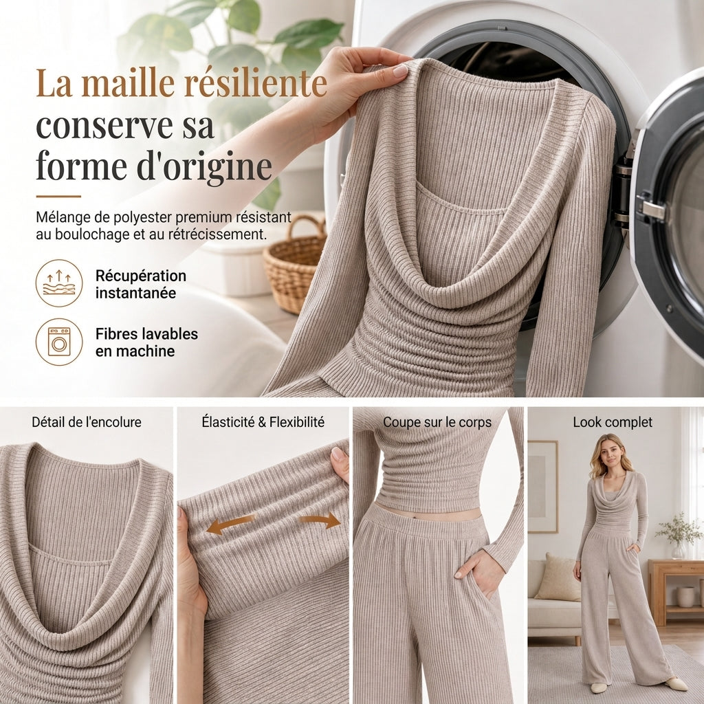 🧶 Élégant et confortable | Ensemble 2 pièces tricoté femme haut cintré et pantalon large taille haute