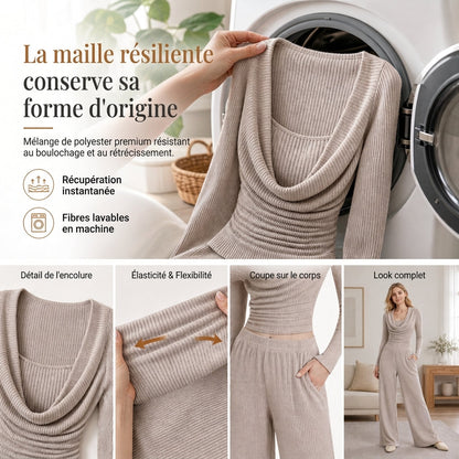 🧶 Élégant et confortable | Ensemble 2 pièces tricoté femme haut cintré et pantalon large taille haute
