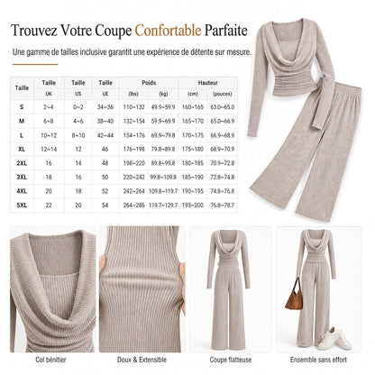 🧶 Élégant et confortable | Ensemble 2 pièces tricoté femme haut cintré et pantalon large taille haute