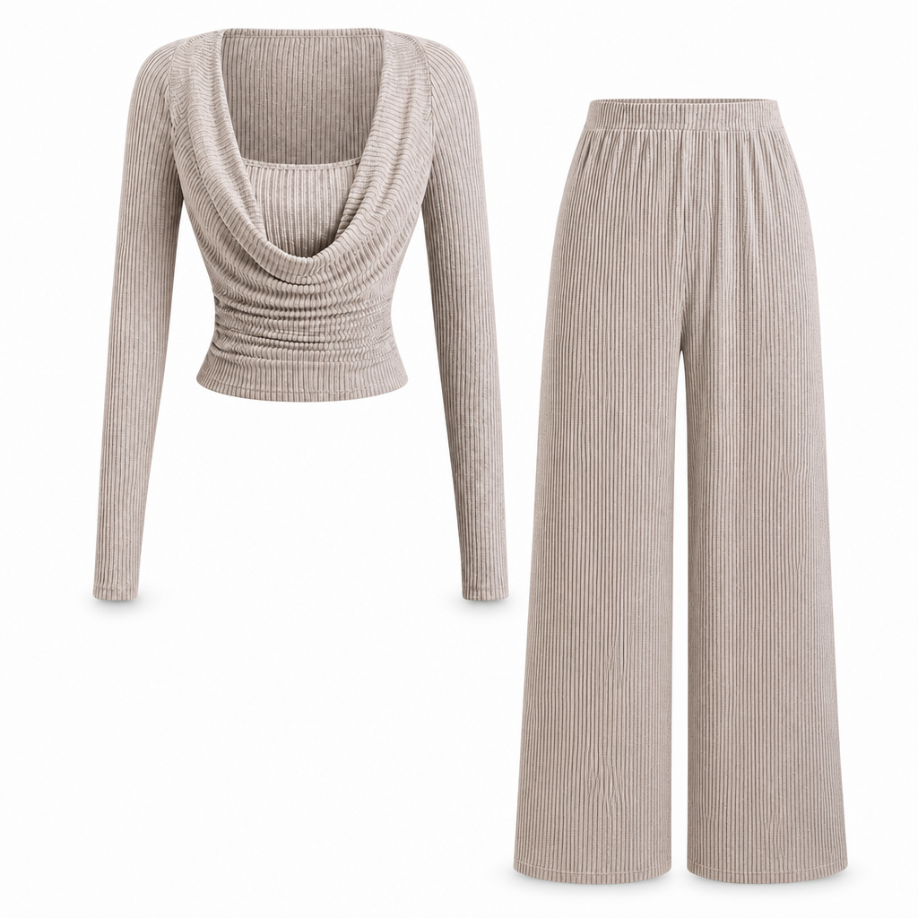 🧶 Élégant et confortable | Ensemble 2 pièces tricoté femme haut cintré et pantalon large taille haute