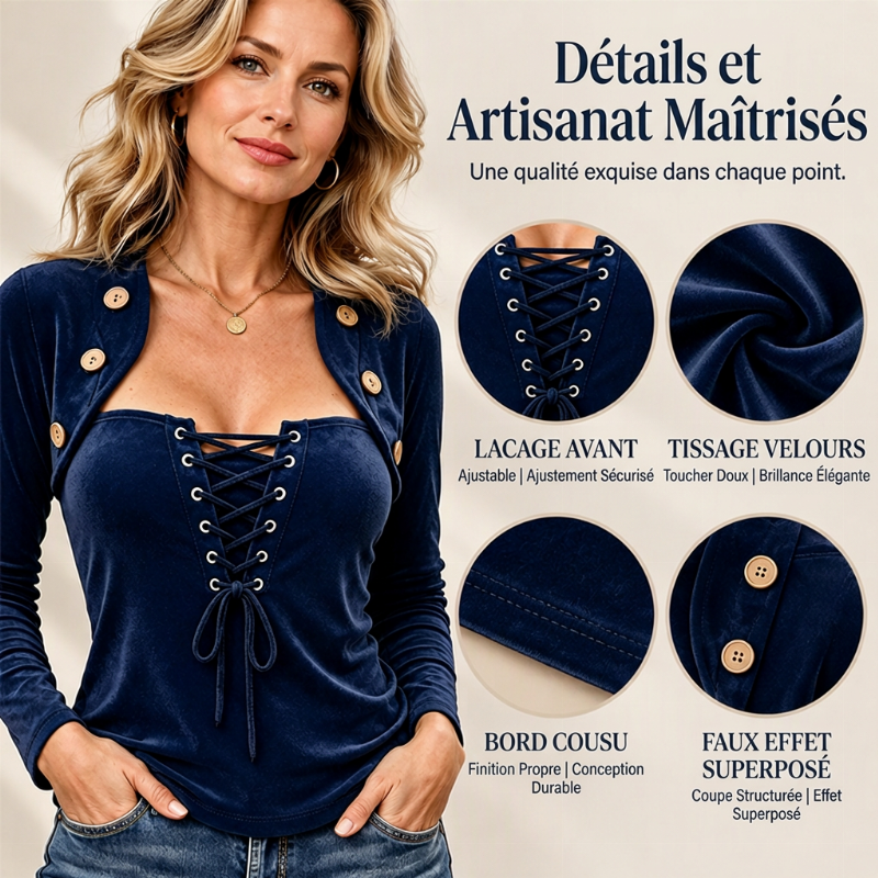 ✨ Haut en velours à laçage pour femme, avec effet deux pièces élégant 🧶