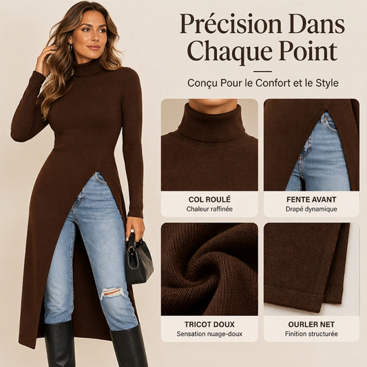 Tunique en maille à col roulé et fente haute pour femme