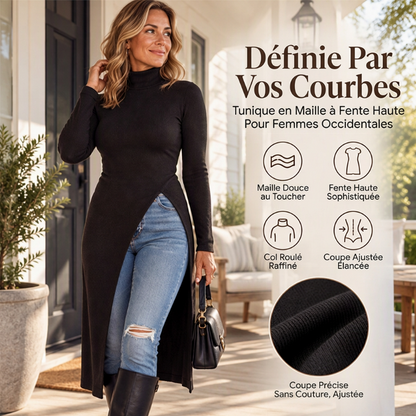 Tunique en maille à col roulé et fente haute pour femme