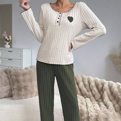 Ensemble de pyjama côtelé brodé de cœur pour femmes