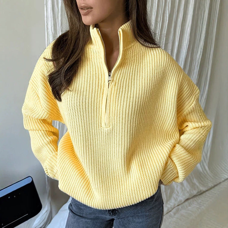Pull en maille à col montant et demi-zip pour femme