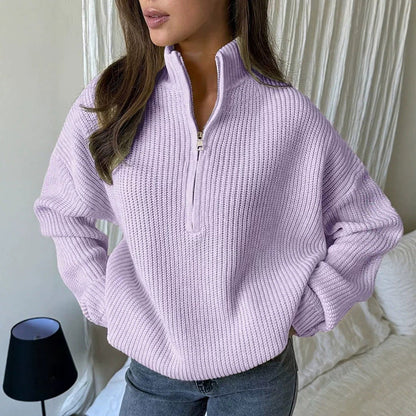 Pull en maille à col montant et demi-zip pour femme