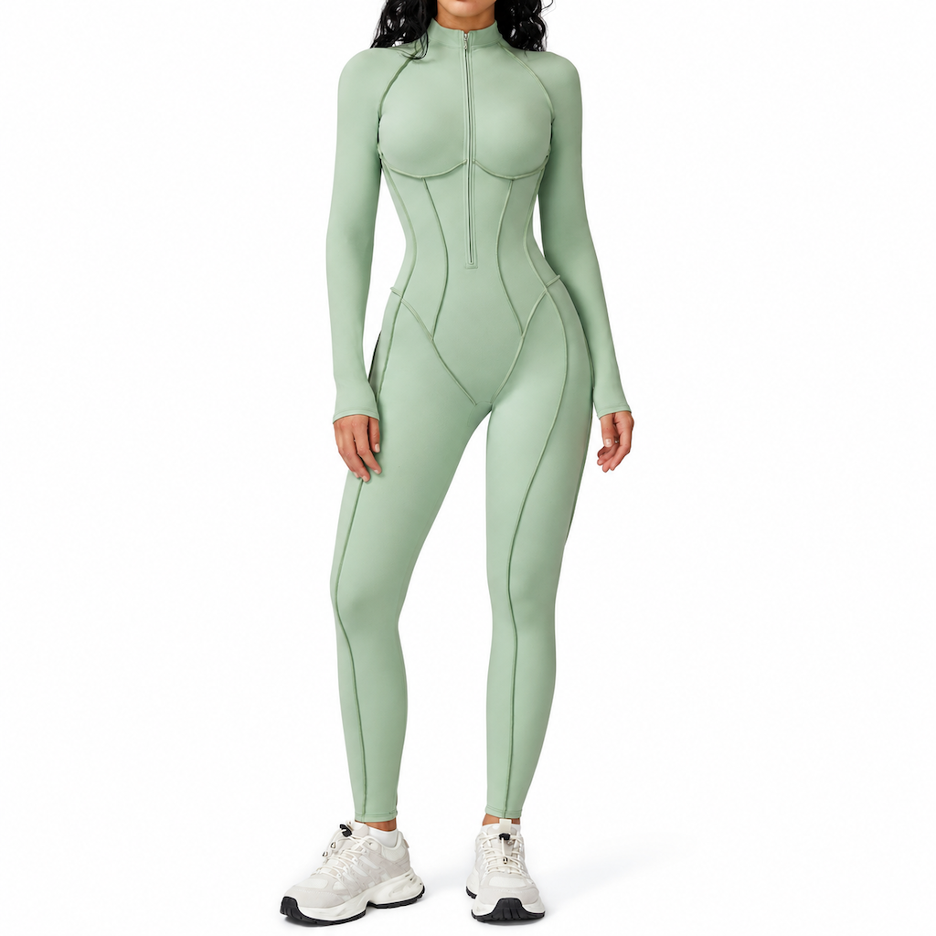 Combinaison femme côtelée à col montant et demi-zip, body de yoga et fitness à maintien élevé