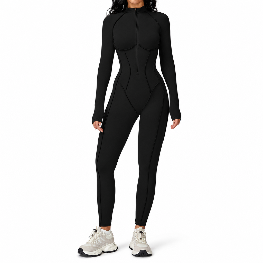 Combinaison femme côtelée à col montant et demi-zip, body de yoga et fitness à maintien élevé