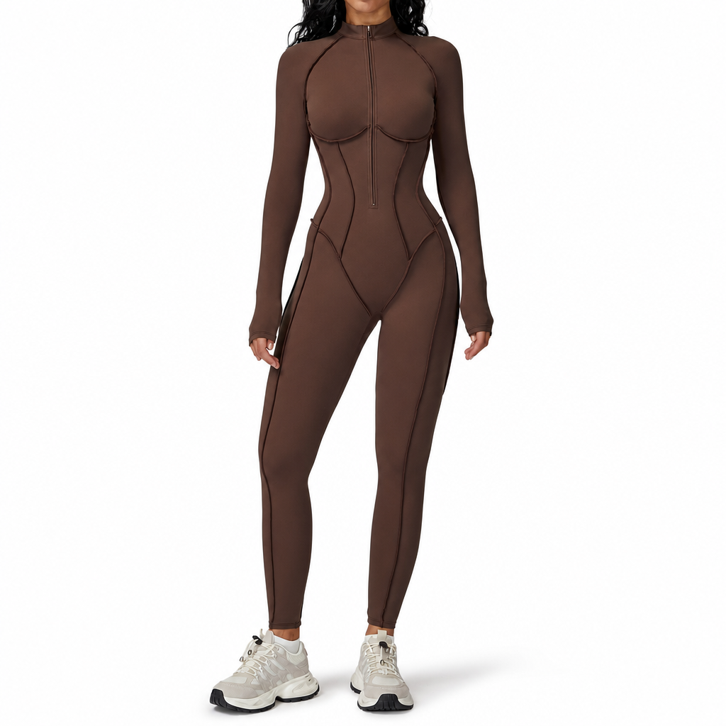 Combinaison femme côtelée à col montant et demi-zip, body de yoga et fitness à maintien élevé