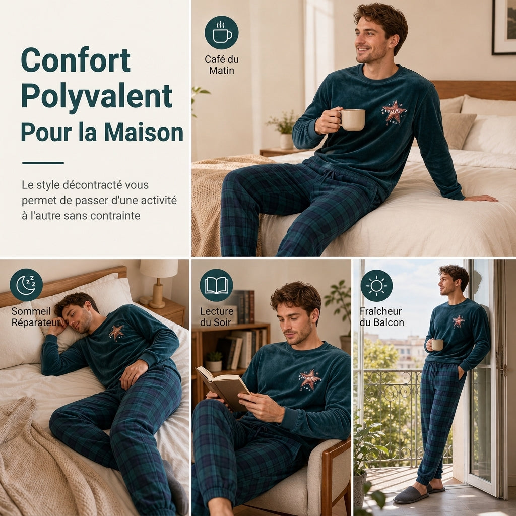 Ensemble de maison deux pièces avec haut vert à manches longues et pantalon vert à carreaux