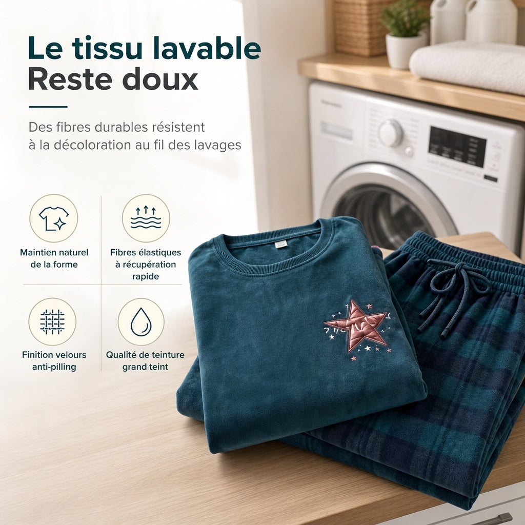 Ensemble de maison deux pièces avec haut vert à manches longues et pantalon vert à carreaux