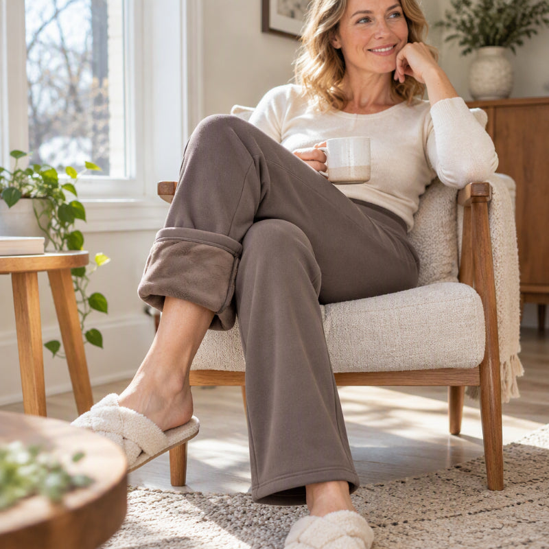 Pantalon évasé femme à taille haute, doublure pelucheuse