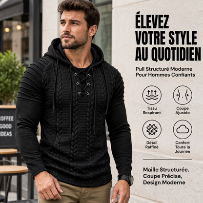 Pull à capuche pour homme, épaules texturées et plissées