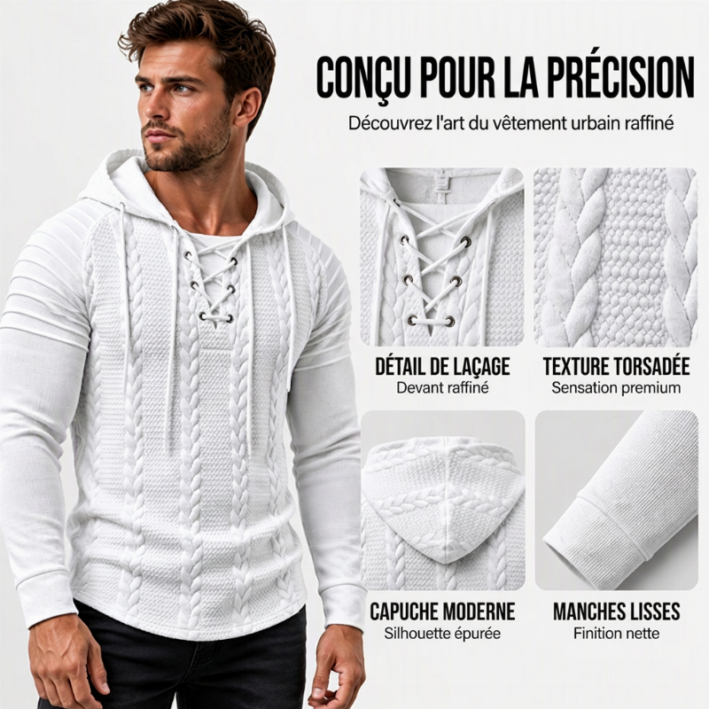 Pull à capuche pour homme, épaules texturées et plissées