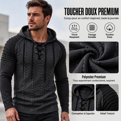 Pull à capuche pour homme, épaules texturées et plissées